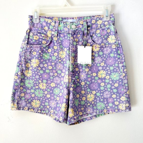 NEW! ZARA Floral High Waisted Denim 70s Shorts Lilac, Size US 2 (EU 34) - Picture 7 of 16
